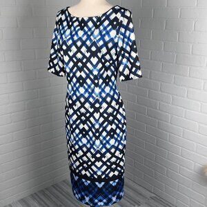 Eliza J Dress Women 6 Blue‎ Black Diamon Plaid Sheath Stretch Classic Career